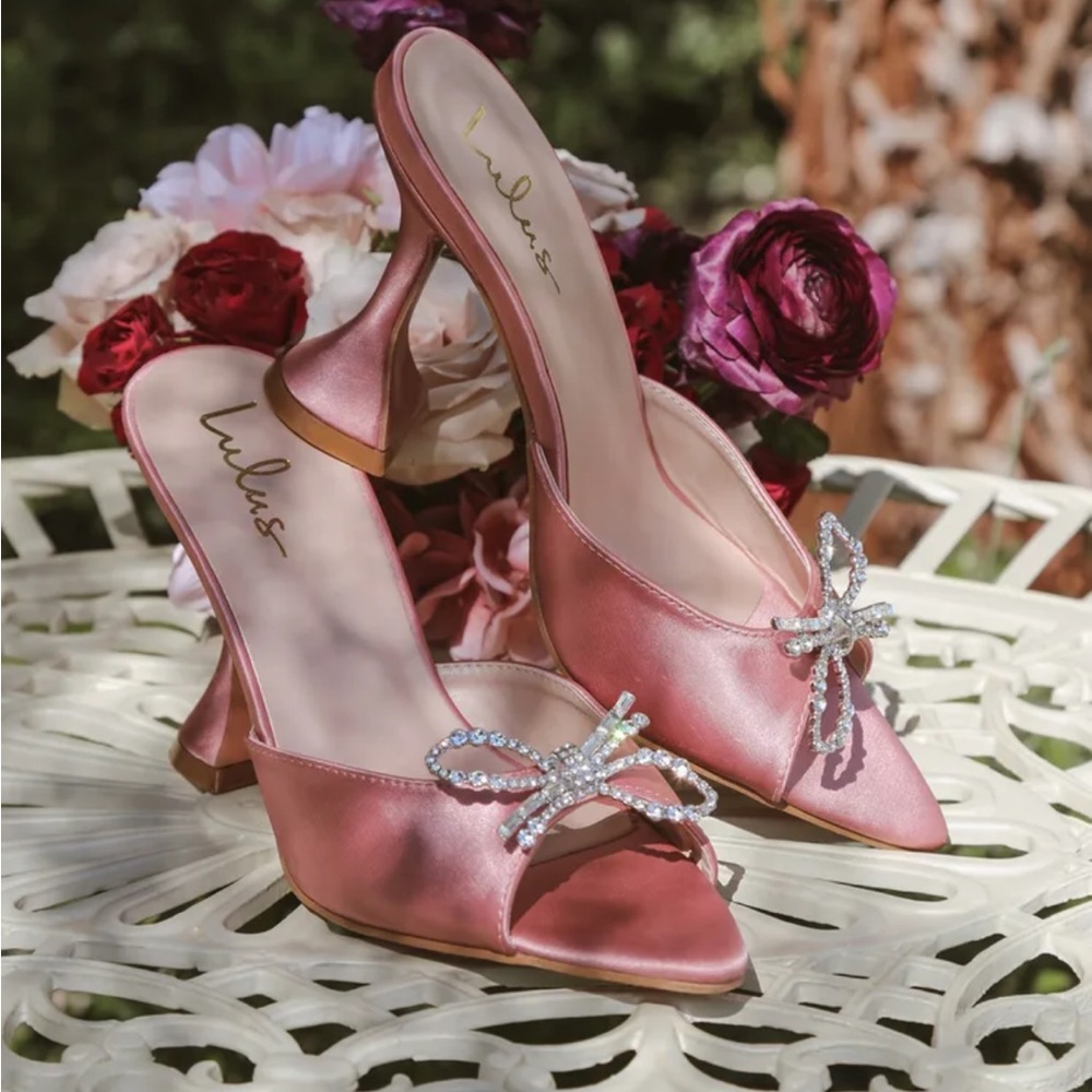 Pink embellished satin mule heels
